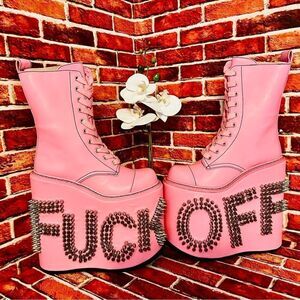 Current Mood NEW Never Censored F*CK OFF Platform Boots Spike Letters Pink Sz 8